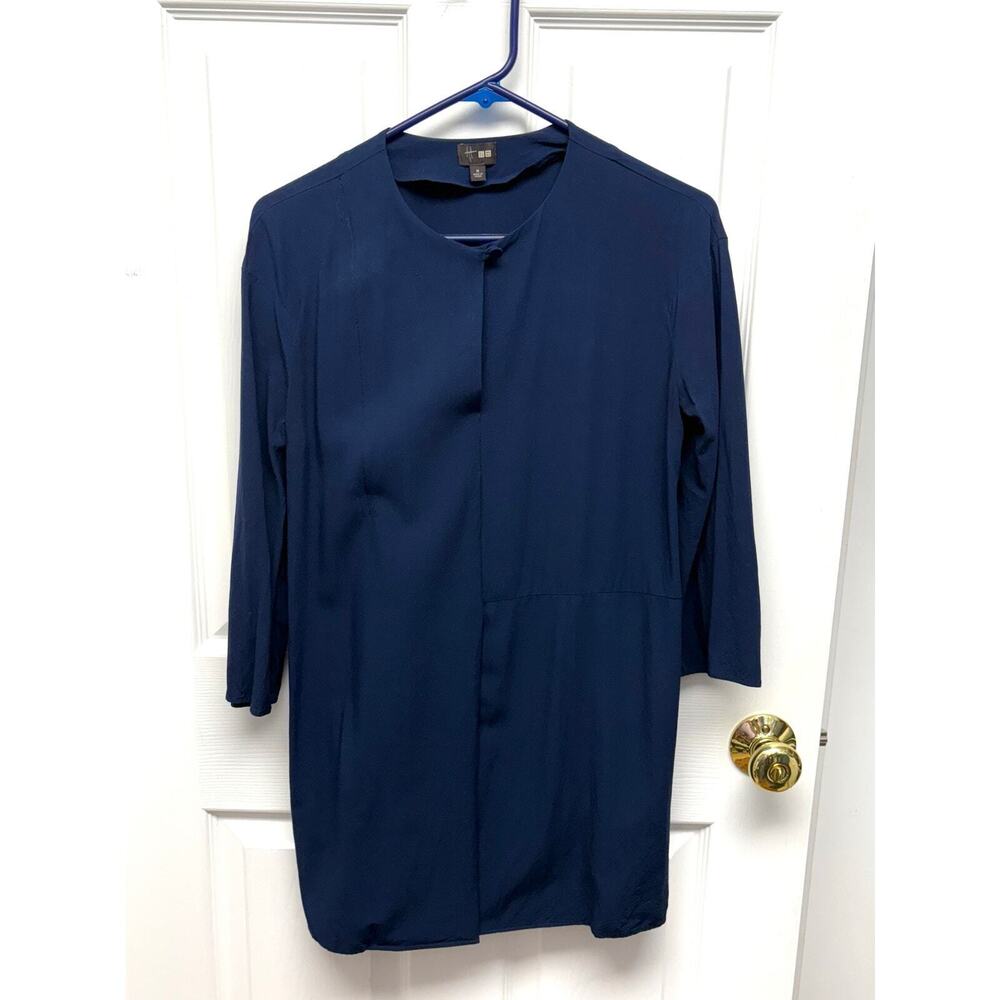 UniQlo Dress, Navy Blue Shift Gusseted Elbow, One Button Closure Women’s Size M